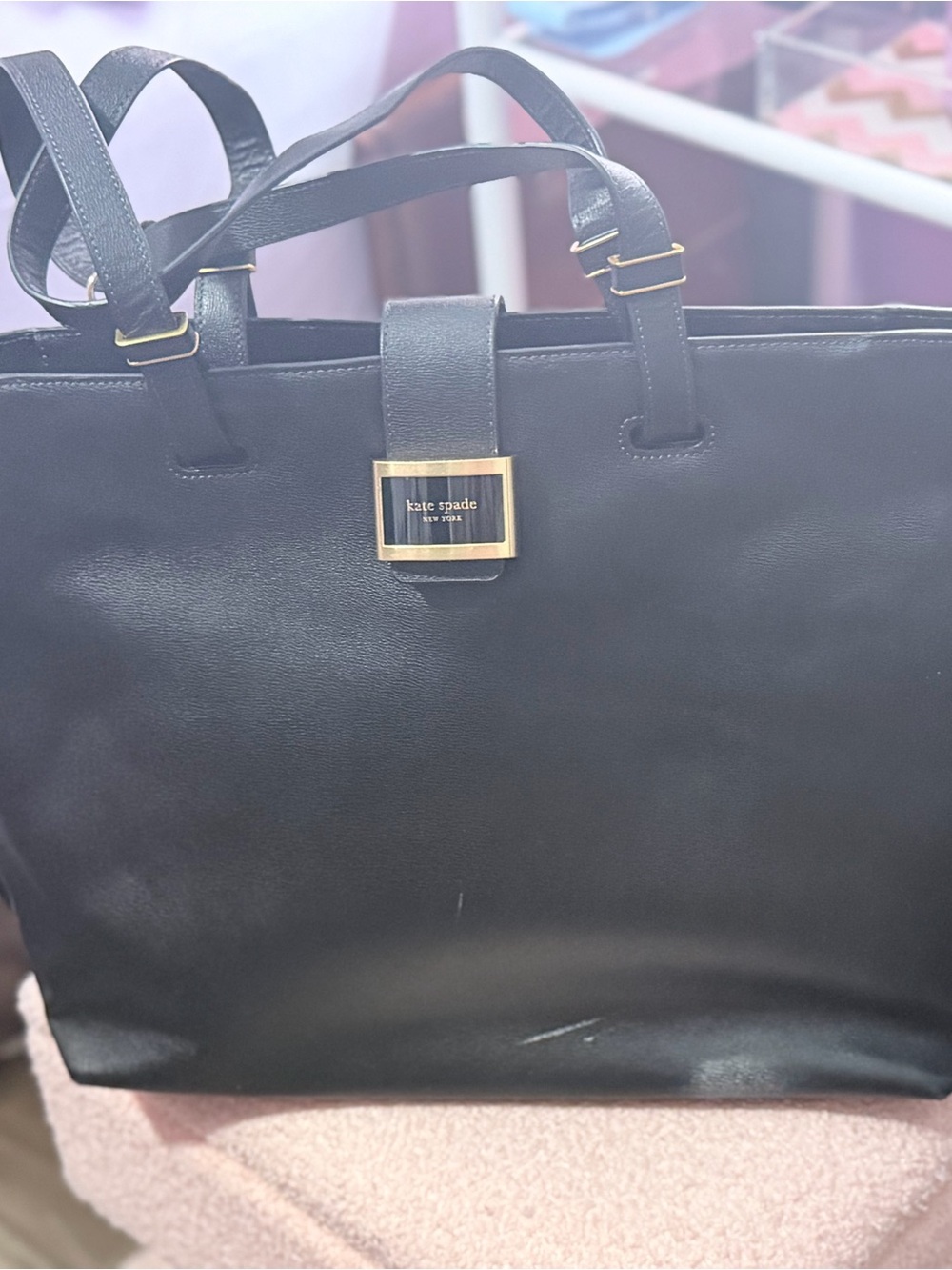 kate spade Black Leather Tote with Gold Plaque